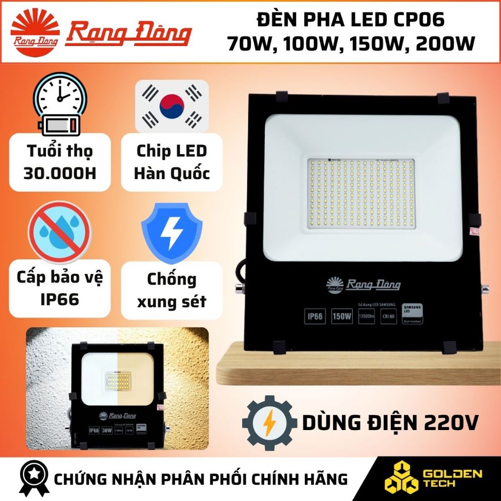 (Rạng Đông) Đèn Led Chiếu Pha 70W-100W-150W-200W Ánh sáng Trắng 6500K, Vàng 3000K CP06