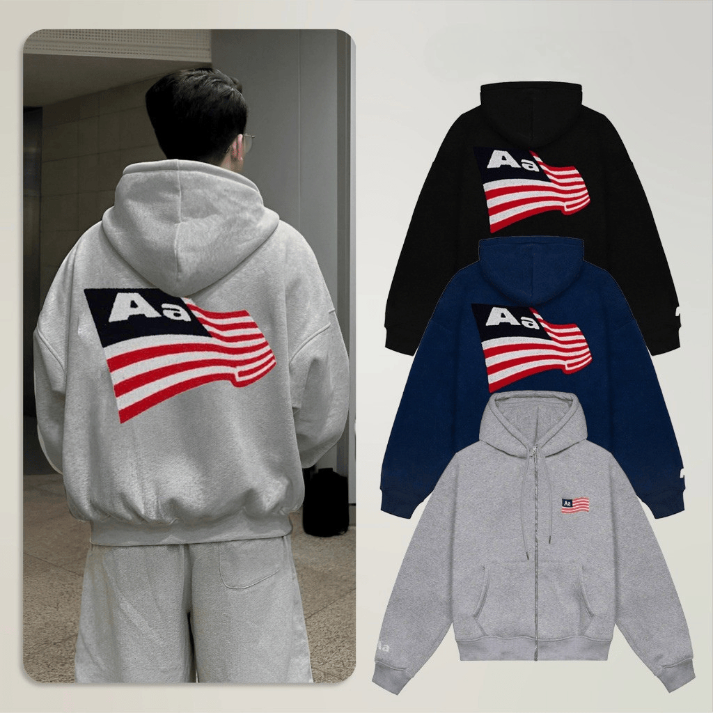Áo Khoác Hoodie Zip Aastu Form Rộng Boxy Chất Nỉ Bông Dày Dặn Thêu Xù Hình Lá Cờ Cực Xịn Hot Trend