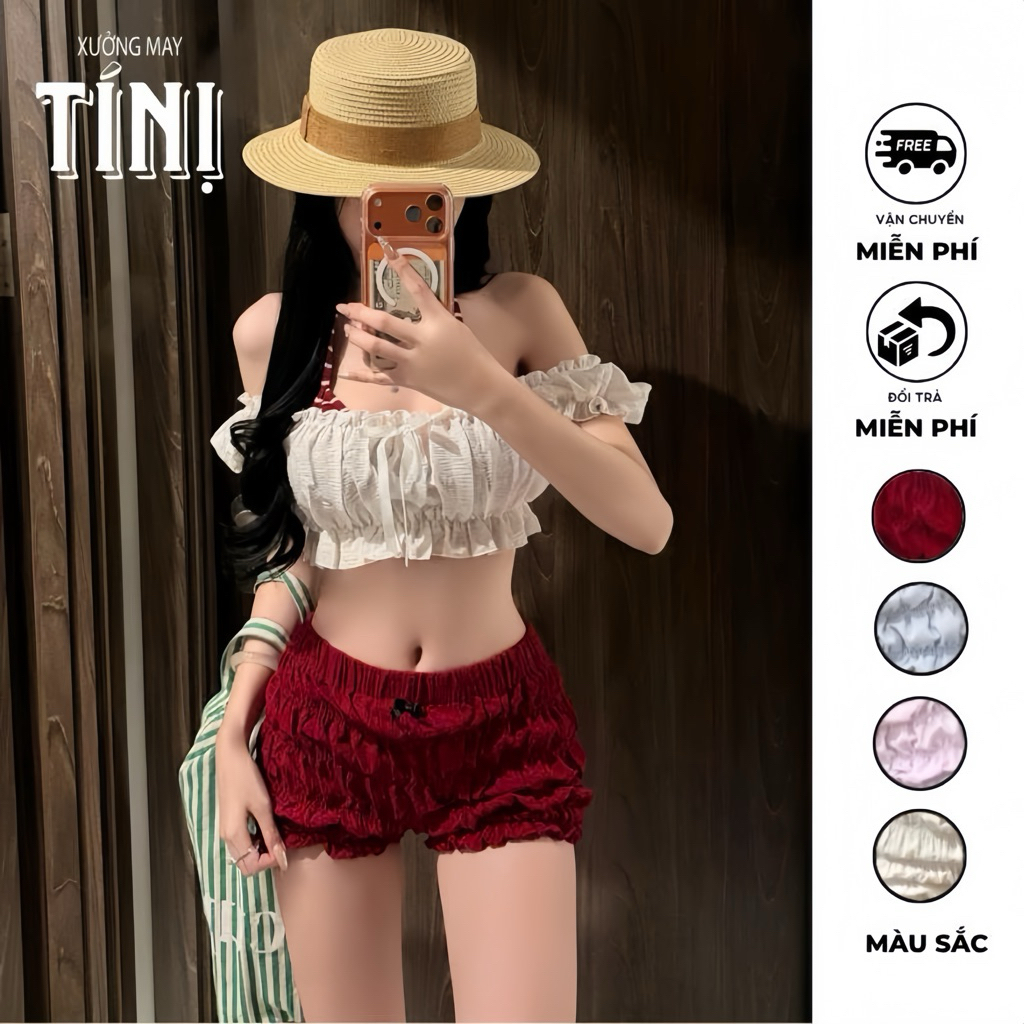 Xuongmaytini - Set Quần Bí có nơ Tí Nị (không kèm bra) vải xốp mỏng may nhún tôn vòng 3 quần đi biển Quần_Q1