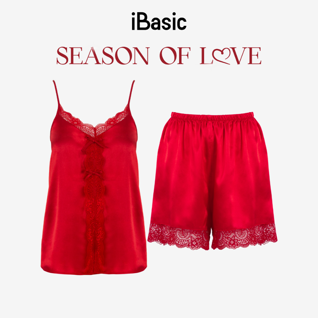 [SEASON OF LOVE] Đồ ngủ Bộ mặc nhà nữ 2 dây lụa satin phối ren iBasic gợi cảm màu đỏ HOMW058