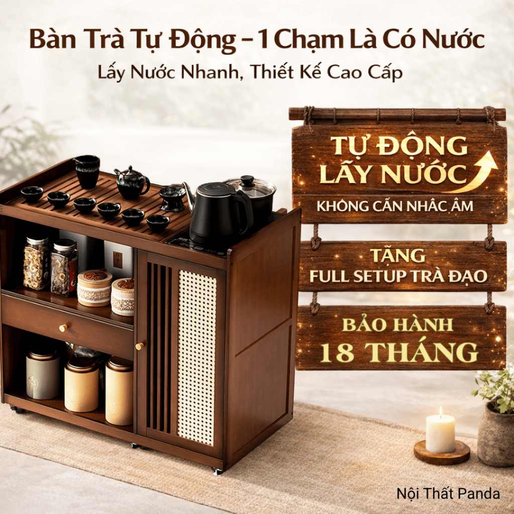 Bàn trà phòng khách di động đa năng tặng kèm bộ ấm trà, ấm đun, bếp điện và bộ dụng cụ pha trà, bàn 