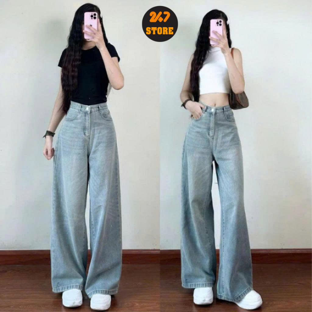 Quần Jeans Nữ Ống Rộng Cạp Cao 247Store Màu Wash Thời Trang Dễ Phối Đồ Đi Học Đi Làm Đi Chơi | BigBuy360 - bigbuy360.vn
