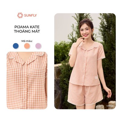 Bộ mặc nhà pijama nữ SUNFLY kate họa tiết caro áo cộc quần sooc ST9369