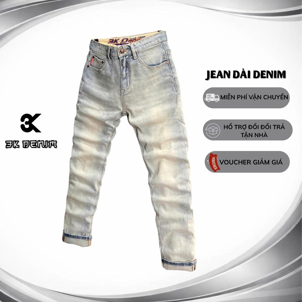 [3K DENIM] Quần Jean Nam Dài Denim Guangzhou Màu Xanh Bạc Phủ Dơ Lưng Chữ Nổi 3K2257-J3973