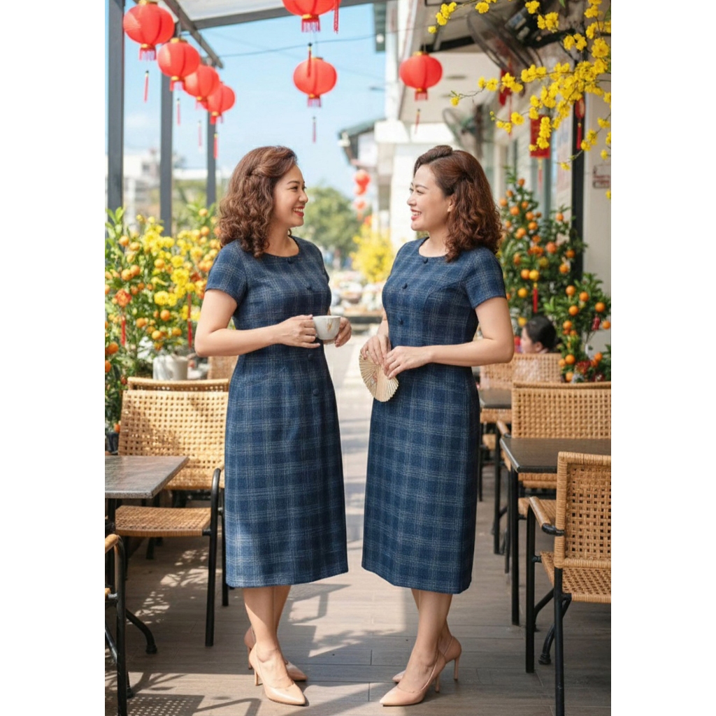 Đầm Suông Caro Xanh Thanh Phối Nút Trẻ Trung Tôn Dáng Gọn DL512