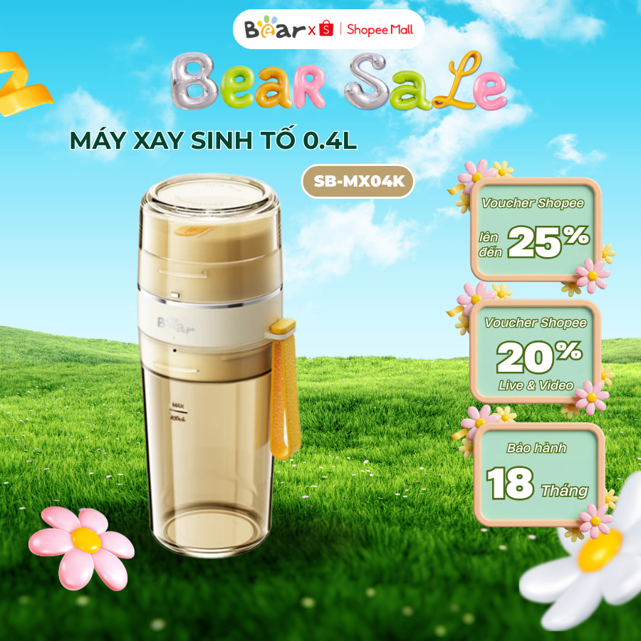 Máy Xay Sinh Tố Cầm Tay 12 Lưỡi Inox BEAR SB-MX04K, 0.4L, 2 Cốc, Dung Lượng Pin Lớn, BH 18 tháng