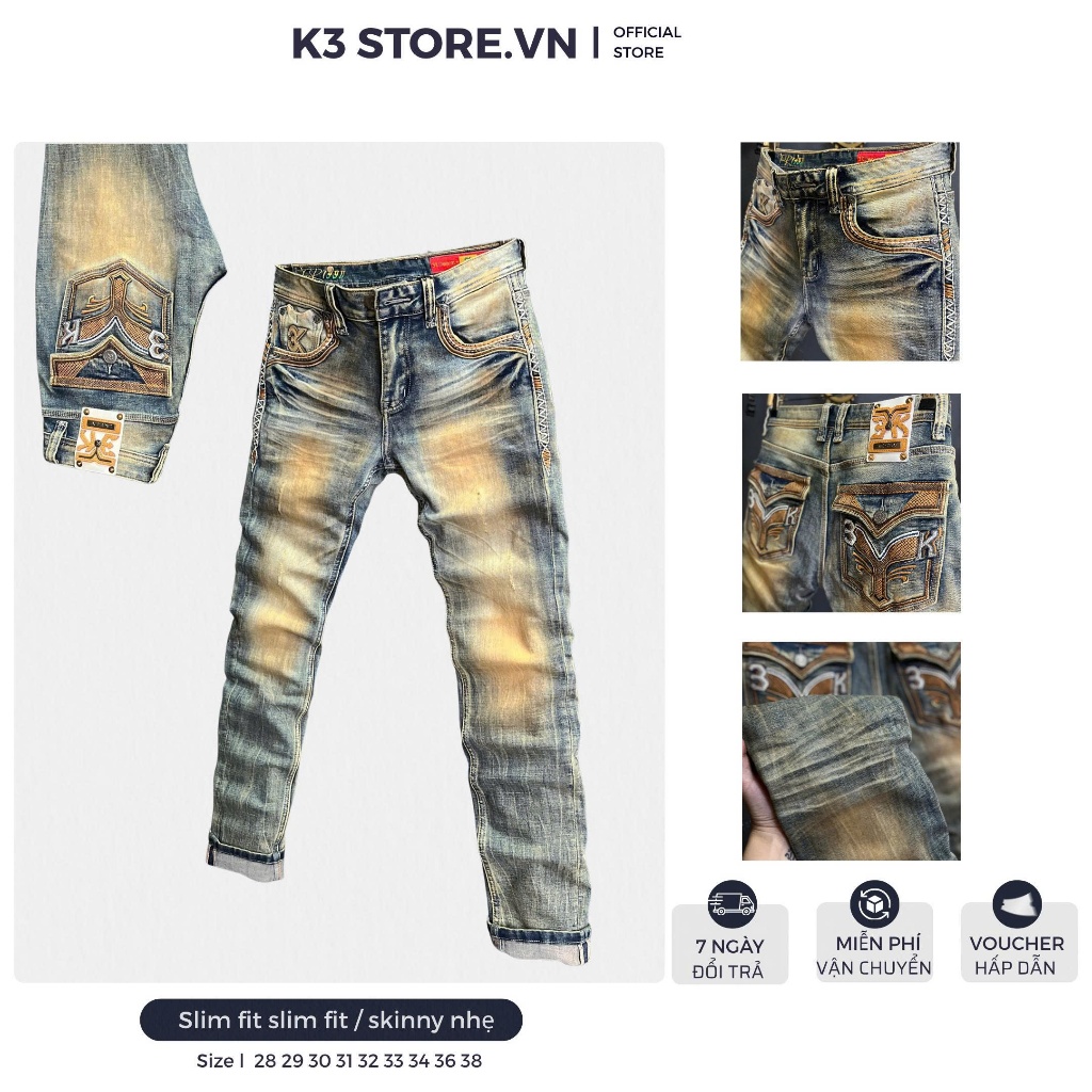 [K3 STORE VN] Quần Jean Guangzhou Nam J4007-3KSEV-02 Dài Màu RETRO Was Dơ Độ Túi Mẫu Mới