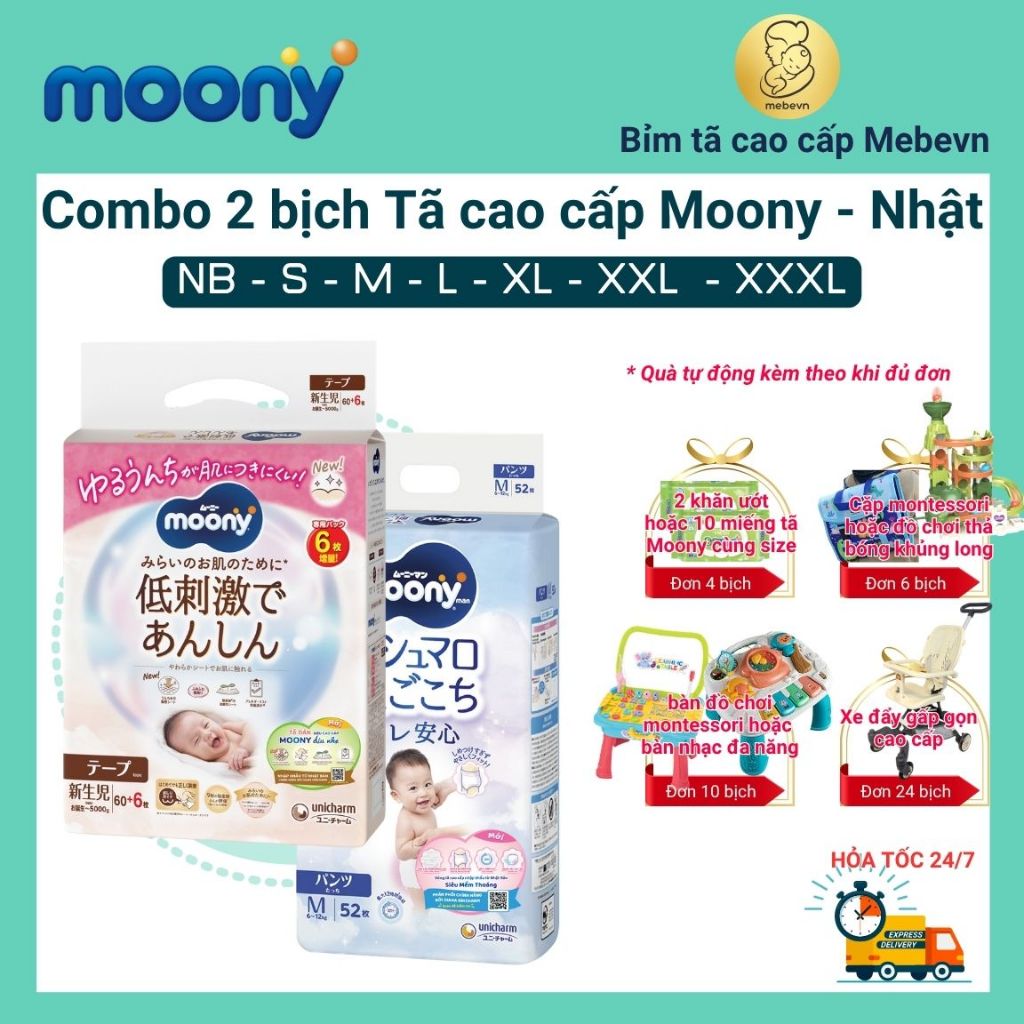 Combo 2 bỉm moony trắng, bỉm moony natural chính hãng, moony dán/quần đủ size NB62/S58/M46/L36/XL32