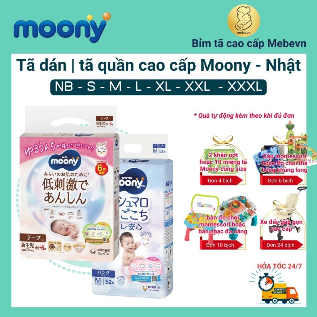 Bỉm moony trắng, bỉm moony natural chính hãng, tã moony dán/quần đủ size NB62/S58/M46/L36/XL32