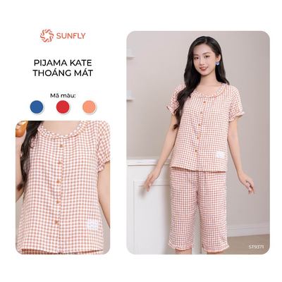 Bộ mặc nhà pijama nữ SUNFLY kate họa tiết caro mềm, mát, thấm hút tốt áo cộc quần ngố ST9371