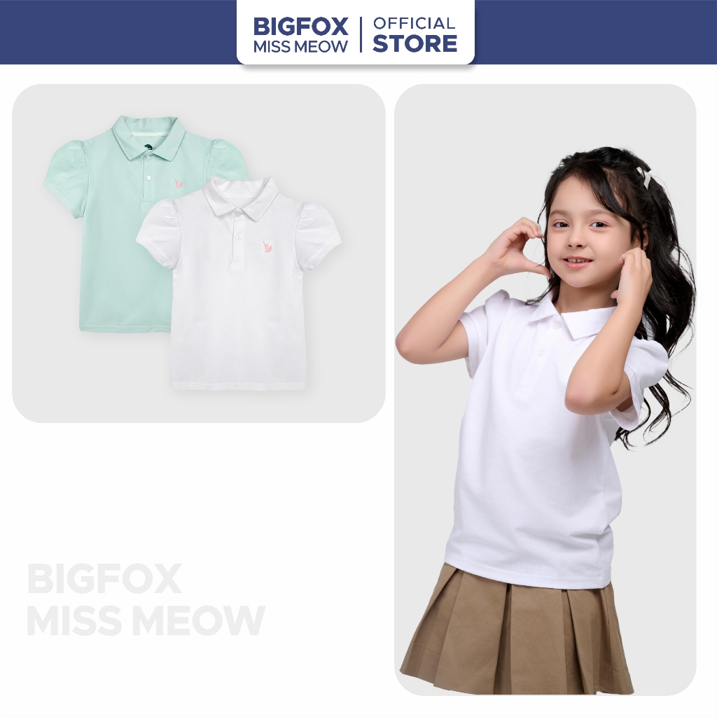 Áo Polo TE 6;11 cho bé gái Bigfox Miss Meow áo có cổ cộc tay đồng phục đi học 6-11 tuổi 30kg