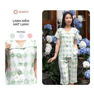Bộ mặc nhà pijama nữ SUNFLY lanh mát mềm áo cộc quần ngố ST9372