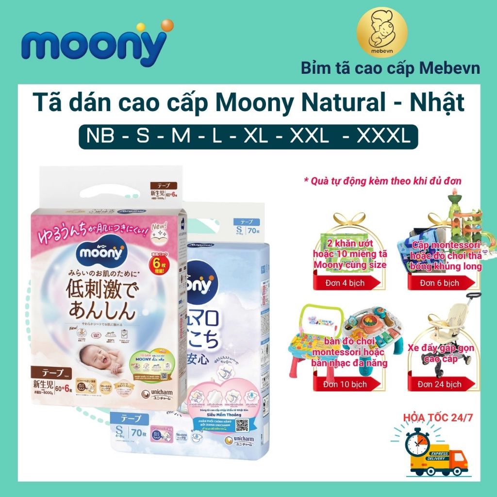 Bỉm moony trắng, bỉm moony natural chính hãng, tã dán moony đủ size NB62/S58/M46