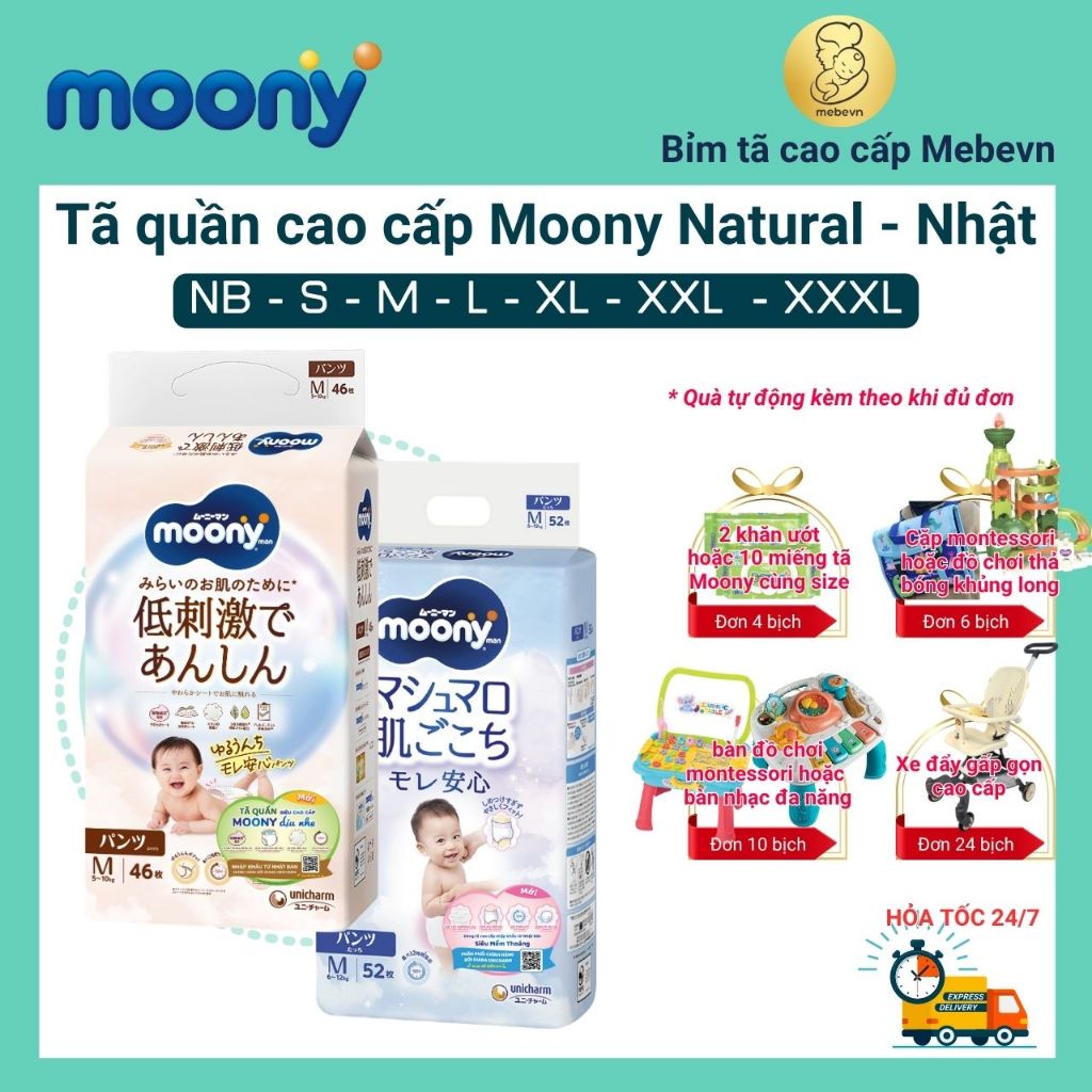 Bỉm moony trắng, bỉm moony natural chính hãng, tã quần moony đủ size M46/L36/XL32