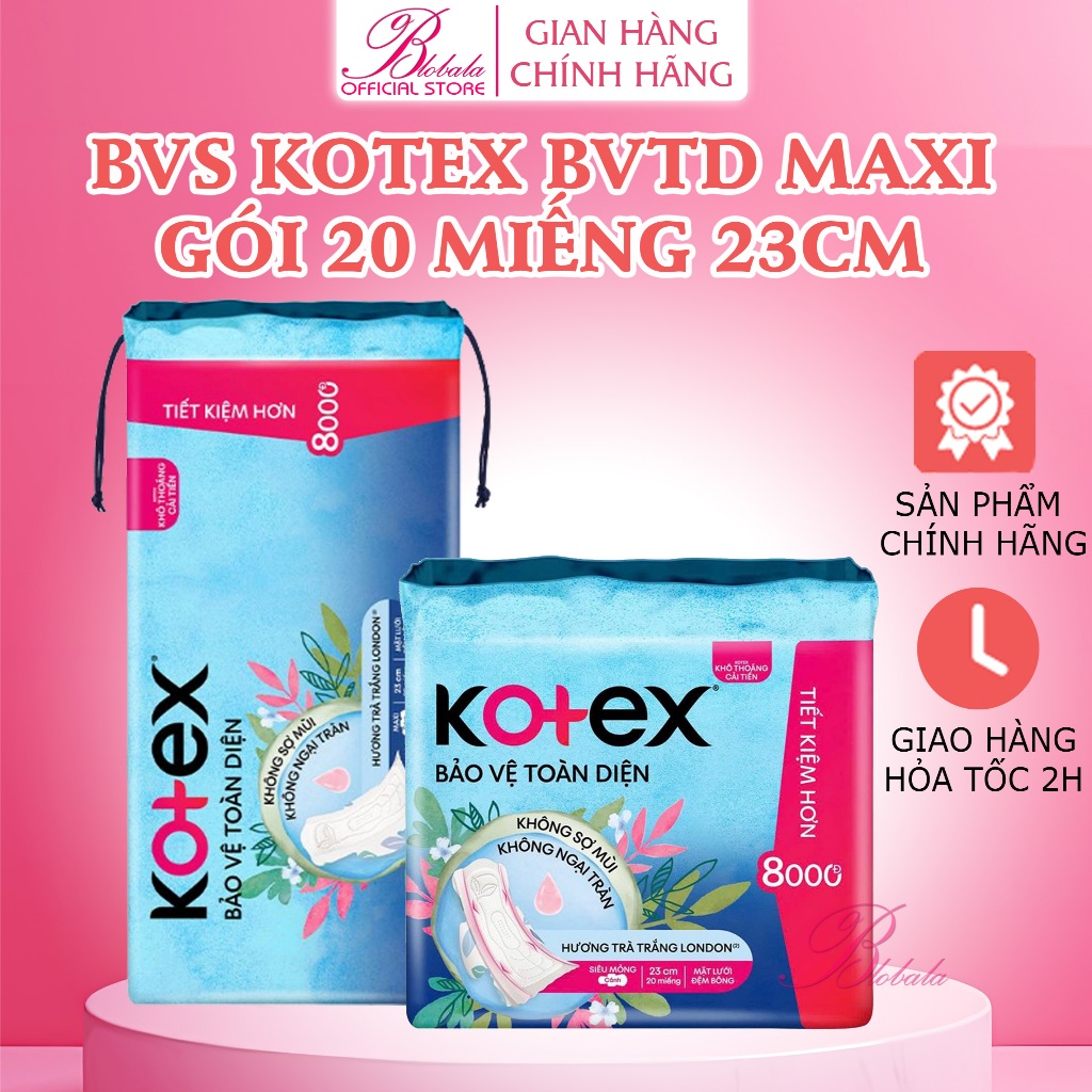 Lốc 4 băng vệ sinh Kotex Bảo Vệ Toàn Diện Gói 20 miếng 23cm Maxi và Kotex siêu mỏng cánh