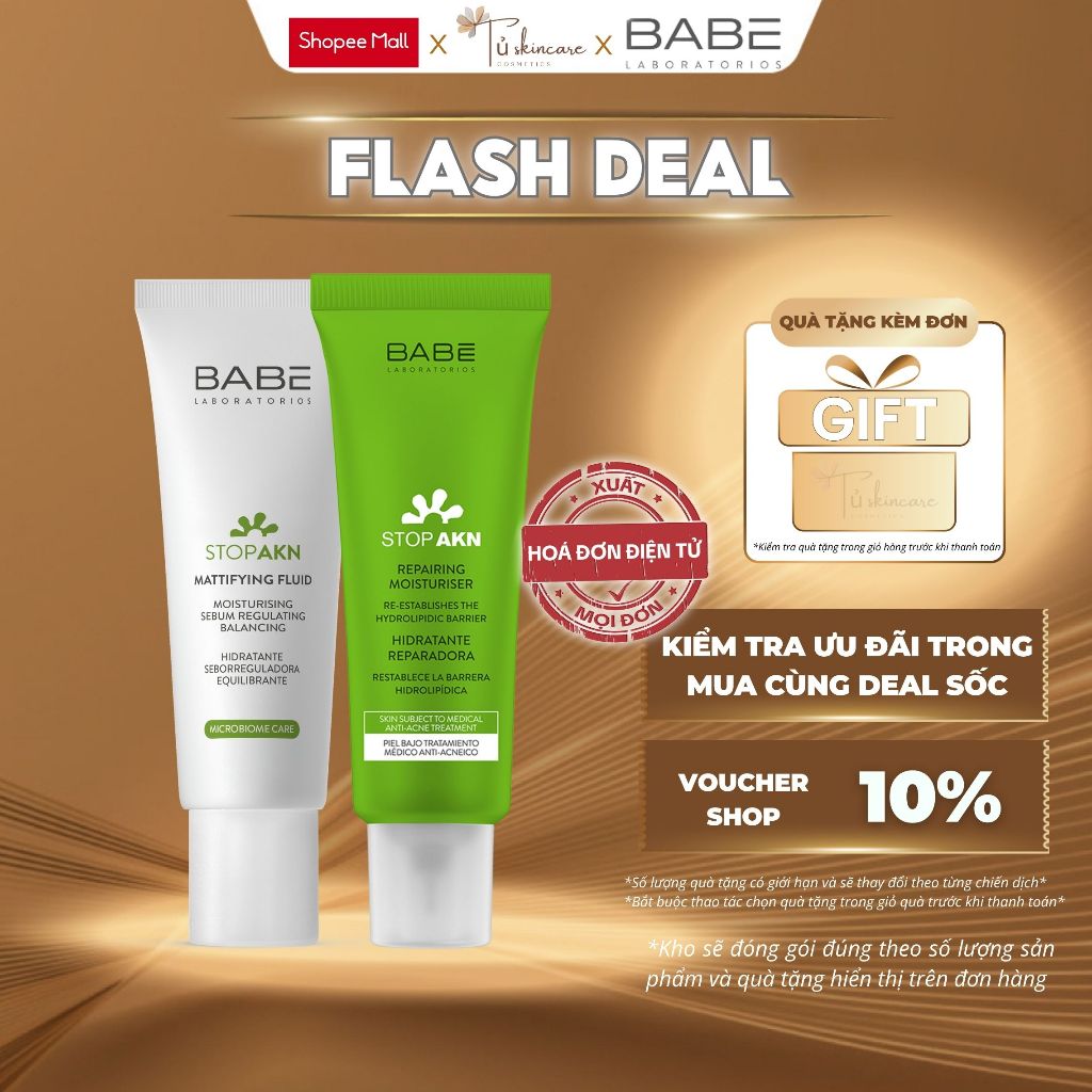 Kem Dưỡng Ẩm, Phục Hồi Cho Da Dầu Mụn BABE Stop AKN Mattifying Moisturiser 50ml / Stop AKN Repairing