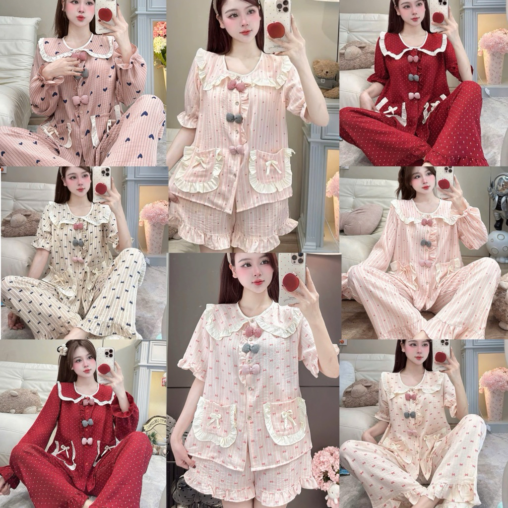 [DEAL MỞ BÁN] Bộ Đồ Ngủ Nữ JUSOKA Pijama Chất Liệu Đũi Vân Mây Cổ Sen Viền Bèo Đính Nơ Siêu Mềm Mịn 