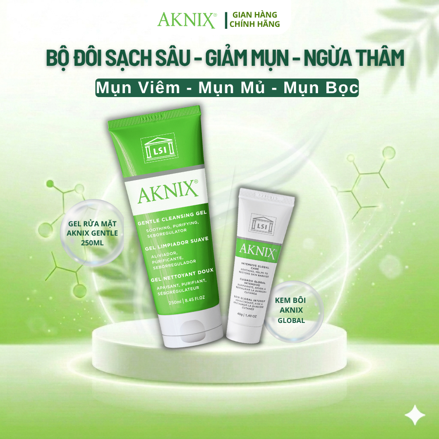 Combo Kem Mụn Aknix Global 40g, Sữa Rửa Mặt Aknix Gentle 100ml, 250ml Cho Da Nhạy Cảm, Mụn Viêm, Mụn