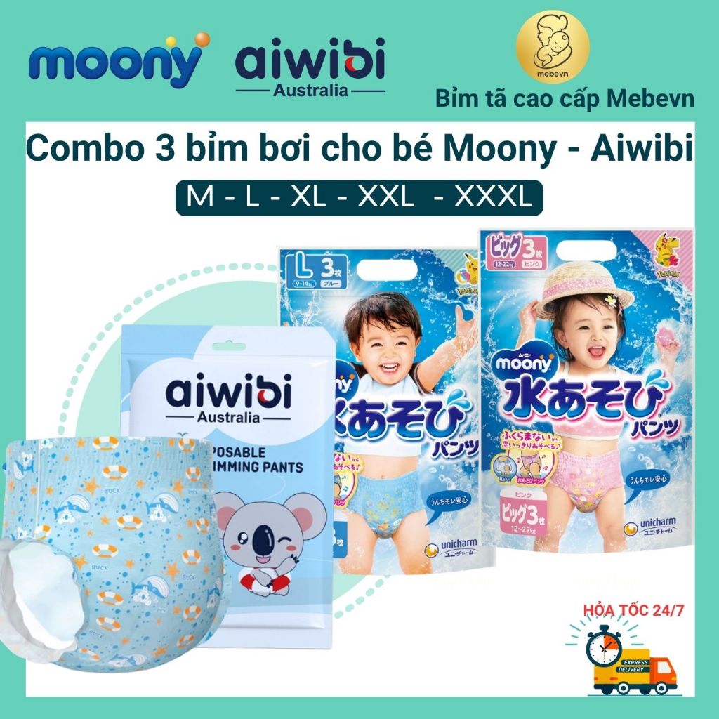 Combo 3 bỉm bơi cho bé aiwibi - bỉm đi bơi cho bé cao cấp Australia, bỉm bơi cho bé 1 bịch 1 miếng