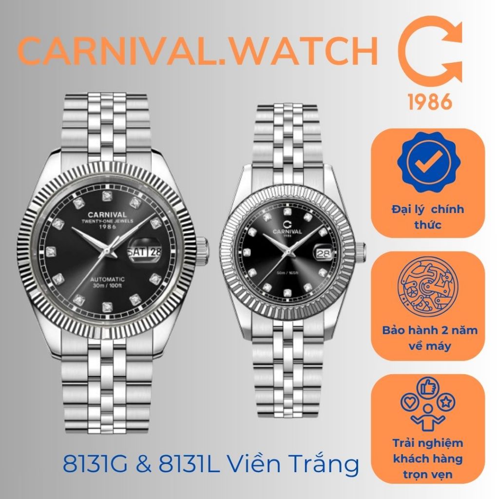 Đồng hồ đôi Carnival 8131G & 8131L  Mặt Đen Dây thép Trắng Sang Trọng Bảo hành chính hãng 24 tháng