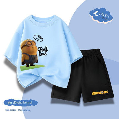 Bộ quần áo in hình Minions Chill time - Set đồ bộ cho bé trai size từ 15-40kg chất liệu thun cotton Loza Kids SB651
