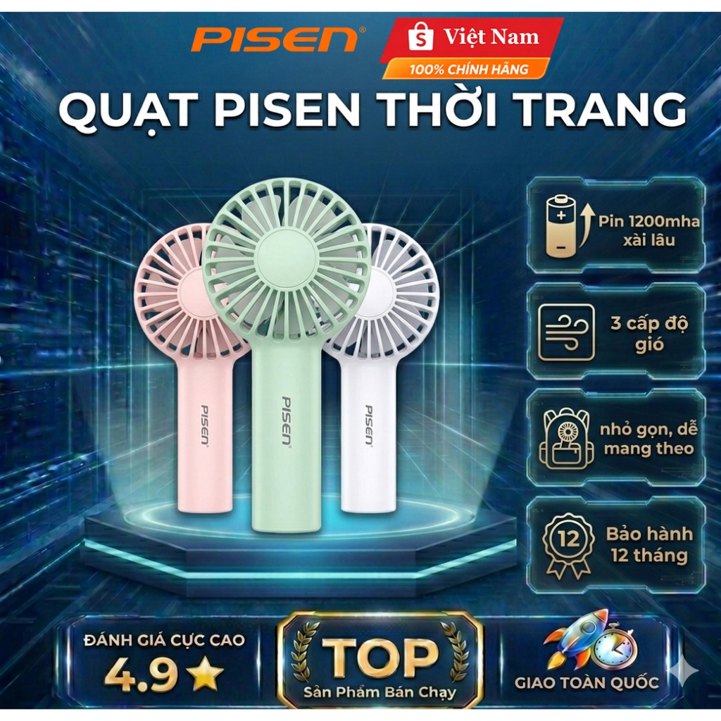 Quạt tích điện cầm tay PISEN-F17 model: HJ-F17 thời gian sử dụng lên đến 8 tiếng - Hàng chính hãng