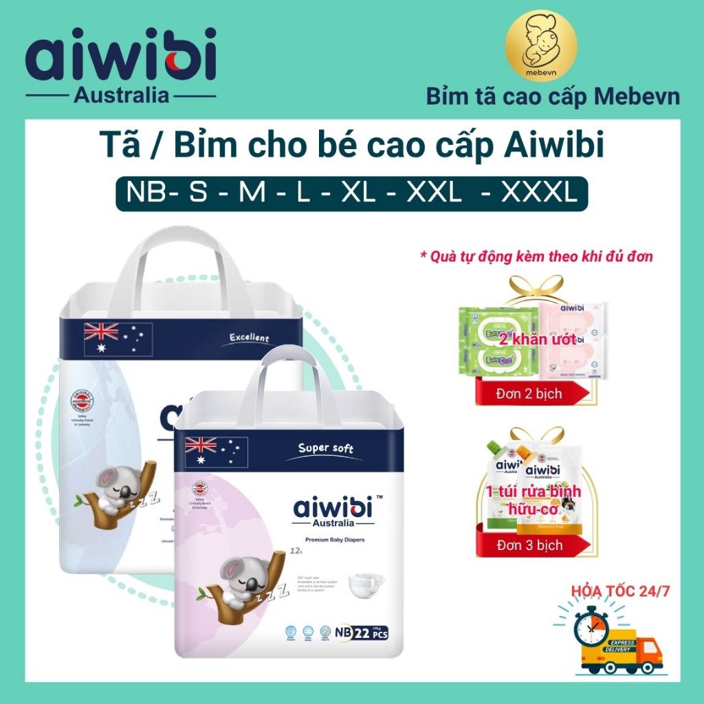 Tã/Bỉm aiwibi Australia, bỉm cho bé cao cấp, bỉm aiwibi siêu mỏng, mềm mại đủ size đến 72 miếng