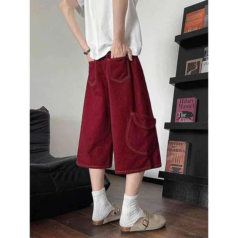 Quần jean nam dáng lửng, quần short lửng ngố chất jean màu đỏ đen ống rộng form baggy hottrend mùa hè | BigBuy360 - bigbuy360.vn