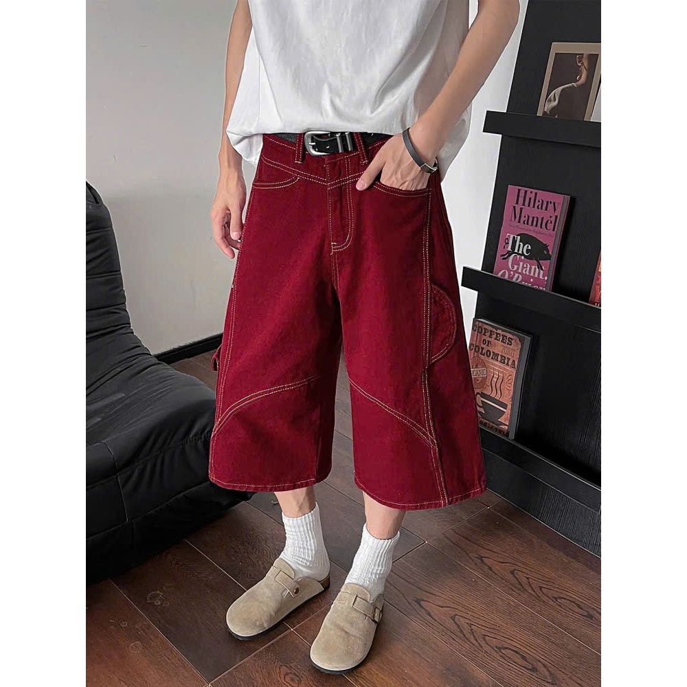 Quần jean nam dáng lửng, quần short lửng ngố chất jean màu đỏ đen ống rộng form baggy hottrend mùa hè | BigBuy360 - bigbuy360.vn