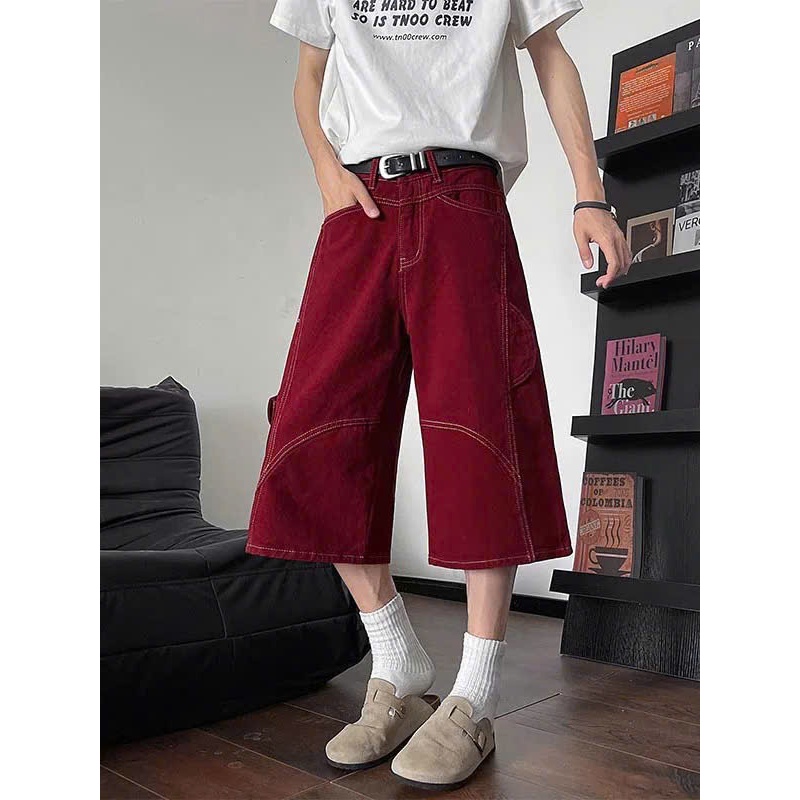 Quần jean nam dáng lửng, quần short lửng ngố chất jean màu đỏ đen ống rộng form baggy hottrend mùa hè | BigBuy360 - bigbuy360.vn