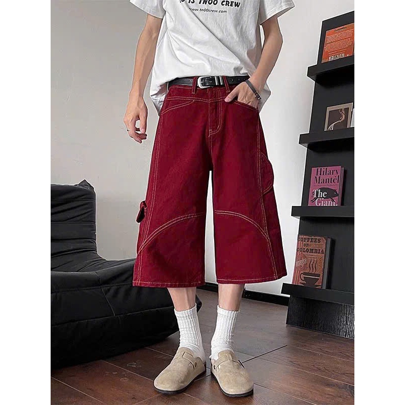 Quần jean nam dáng lửng, quần short lửng ngố chất jean màu đỏ đen ống rộng form baggy hottrend mùa hè | BigBuy360 - bigbuy360.vn