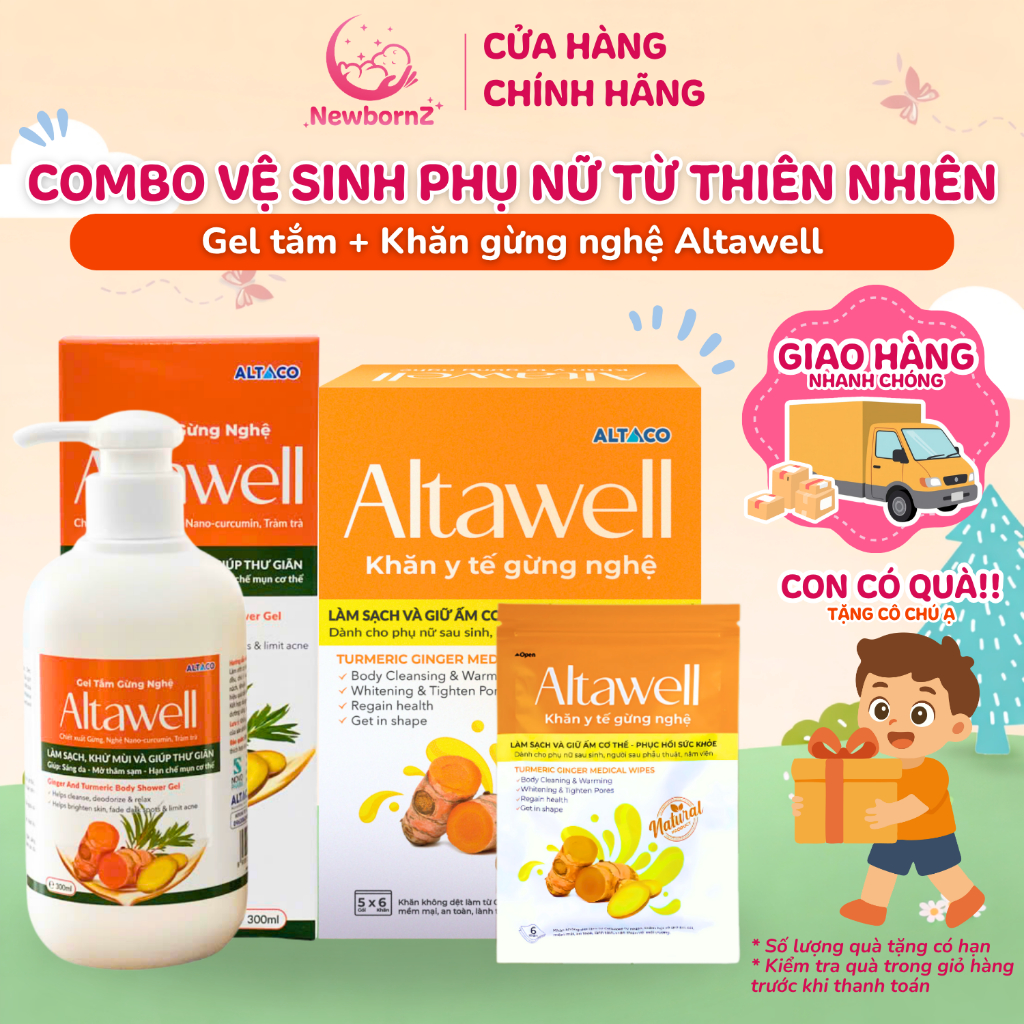 Combo Khăn Y Tế Gừng Nghệ và Gel tắm gừng nghệ Altawell cho mẹ bầu & mẹ sau sinh –Làm sạch, làm ấm, 