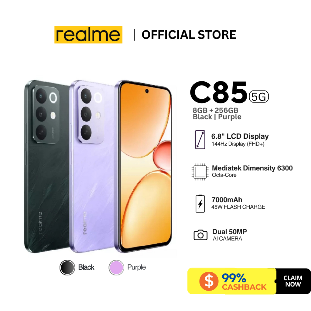 REALME C85 5G 8GB+256GB | Dimensity 6300 | Pin 7000mAh bền bỉ | Màn hình 144Hz siêu mượt 1200nits | 