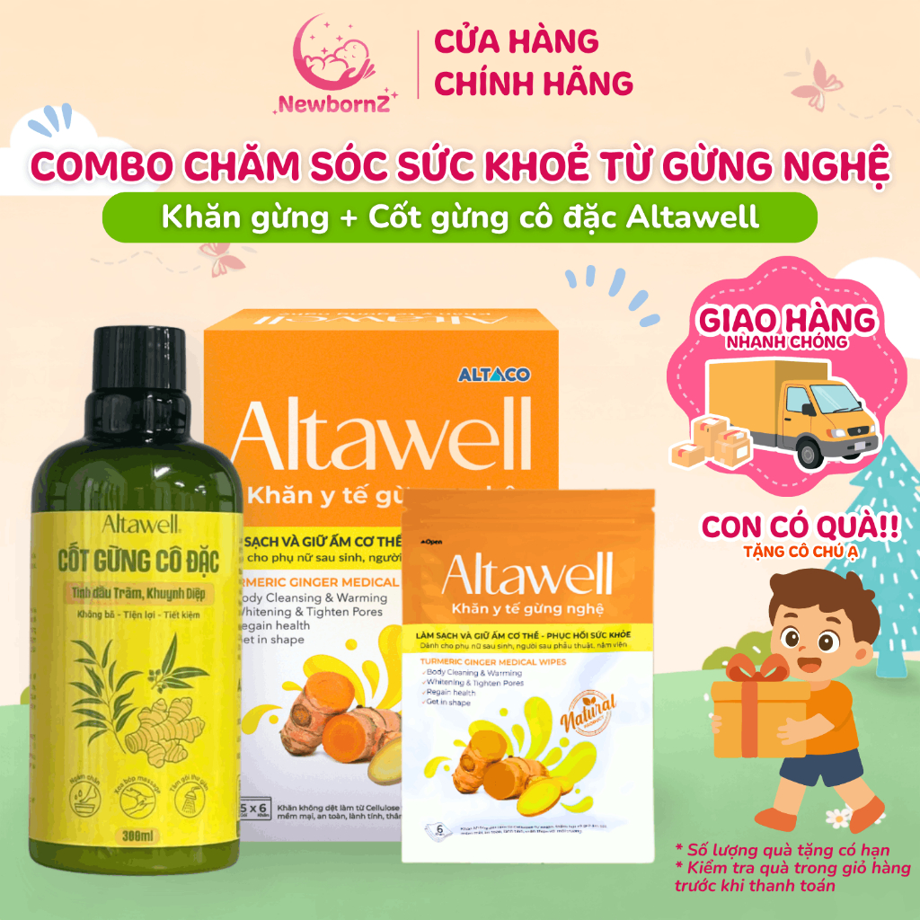 Combo Khăn Y Tế Gừng Nghệ Altawell và Cốt Gừng Cô Đặc Tràm Khuynh Diệp Làm sạch,giữ ấm mẹ sau sinh