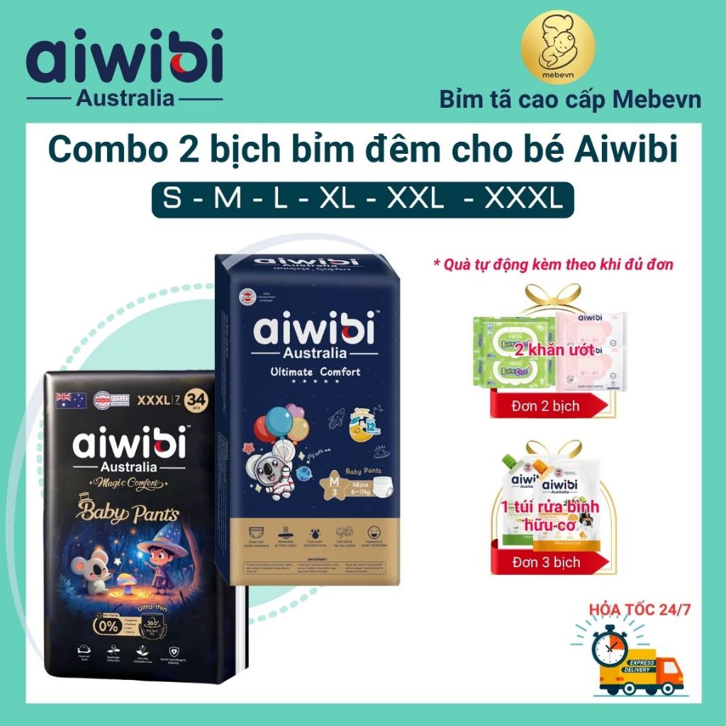 Combo 2 bịch bỉm đêm aiwibi Australia, bỉm đêm cho bé siêu mỏng, mềm mại, thấm hút tốt đủ các size