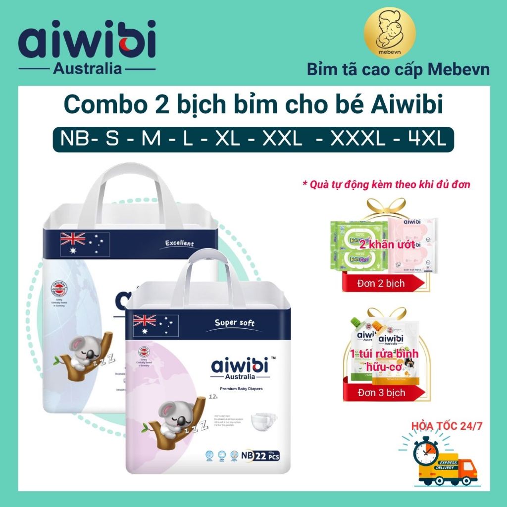 Combo 2 tã/bỉm aiwibi Australia, bỉm cho bé cao cấp, bỉm aiwibi siêu mỏng đủ size đến 72 miếng