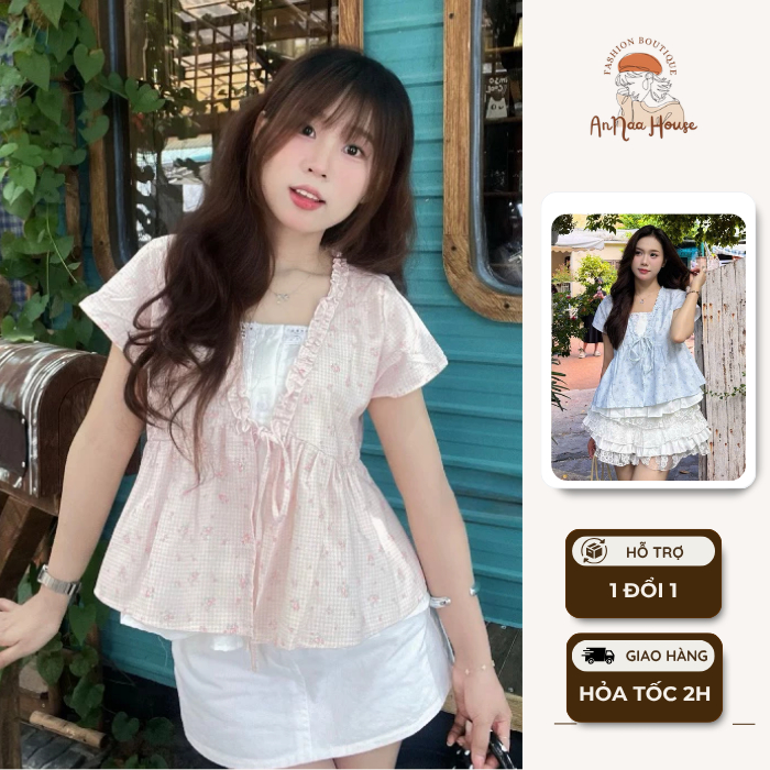 Áo babydoll áo kiểu buộc nơ phối bèo xoè nhẹ họa tiết hoa nhí linen nhiều màu phong cách bánh bèo ti