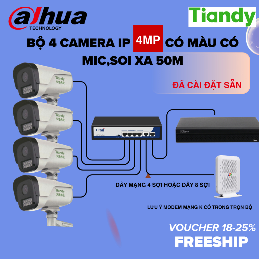Trọn bộ 4 camera IP POE 4MP MÀU MIC ( đầu Dahua,camera Tiandy,đầy đủ pk,chưa kèm dây)