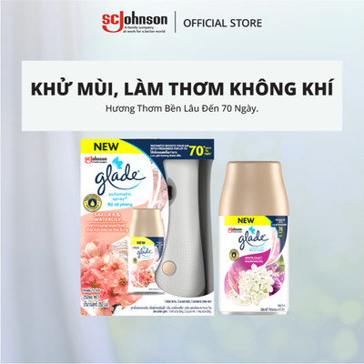 GLADE Combo Máy Xịt Hương hoa Anh Đào và hoa Súng + Lõi Xịt tự động Lưu Hương Bền Lâu Đến 70 ngày 252ml