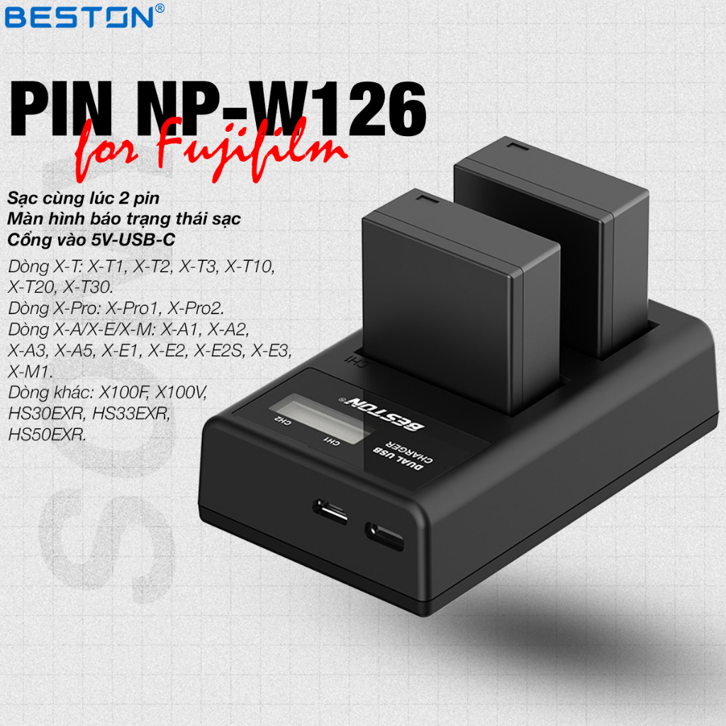 Dock sạc + 2 pin Beston NP-W126/W126S Cho Fujifilm X-T20 X-T10 X-T100 X100F X-H1 X-T3 X-T2 X-T1 X-A5