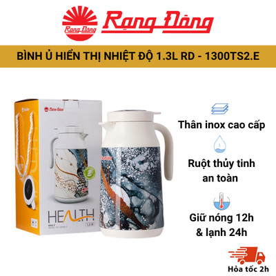 Bình ủ Rạng Đông 1300TS2.E dung tích 1.3 lít hiển thị nhiệt độ trên nắp bình, thiết kế miệng rộng tiện lợi