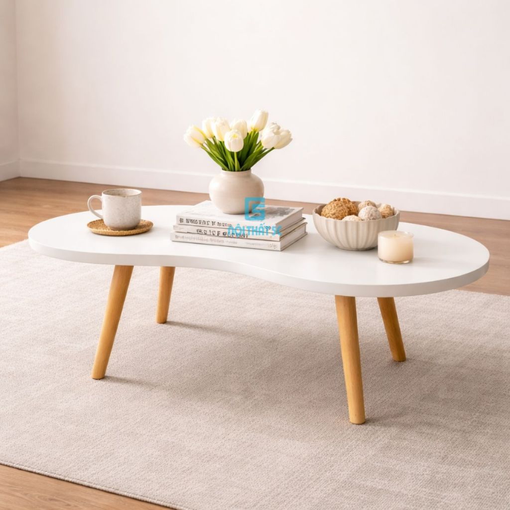 Bàn trà, bàn sofa Nội Thất 5C chân gỗ tự nhiên 2 tầng mặt gỗ MDF phủ Melamin phong cách vintage lắp ráp dễ đàng