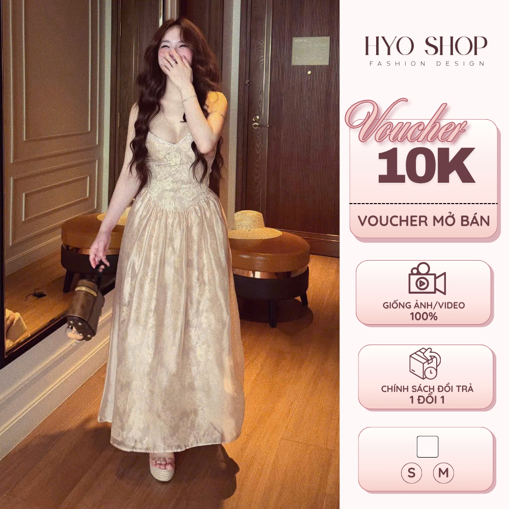 HYO - Váy đầm 2 dây nữ cổ V chiết eo dáng xoè tơ phối ren tiểu thư sang trọng đi tiệc - HYO SHOP