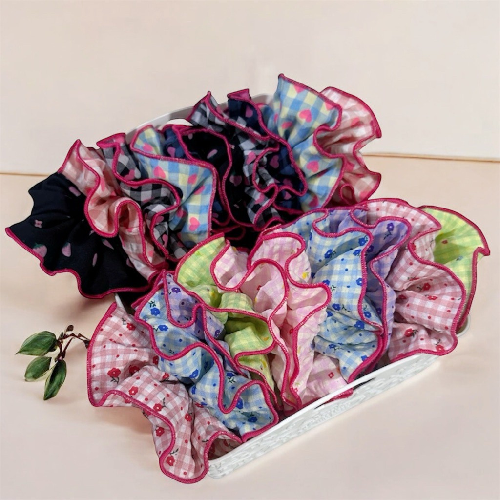 (Size To 15CM) Cột Tóc Scrunchies Viền Hồng