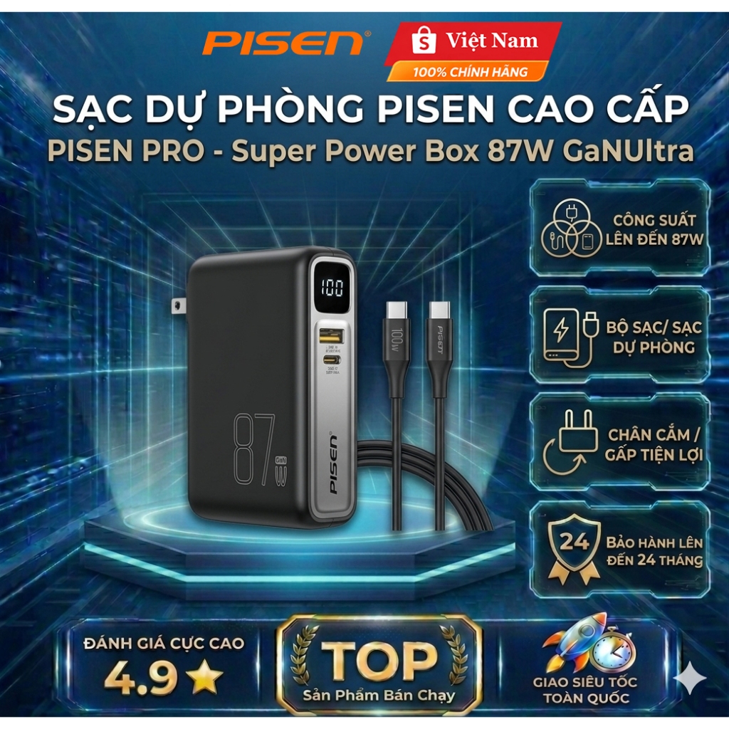 [Hỏa tốc] Sạc dự phòng Điện bá đạo PISEN Quick Super High Power 87W GaNUltra Pisen Việt Nam Bảo Hành