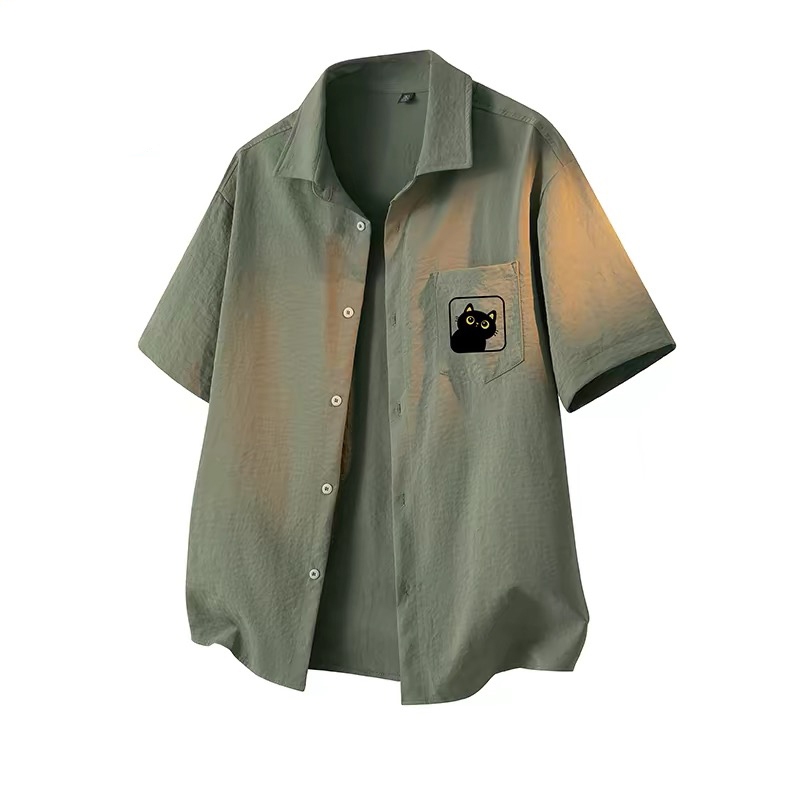 Áo Sơ Mi Nam Nữ Ngắn Tay Họa Tiết Mèo Đen Đáng Yêu - Áo Khoác Sơ Mi Unisex Form Rộng Vải Đũi Linen Hàn Quốc Cao Cấp