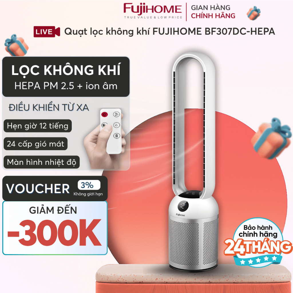 Quạt không cánh lọc không khí BF307DC-HEPA cao cấp Nhập Khẩu FUJIHOME, quạt tháp lọc bụi 24 cấp gió