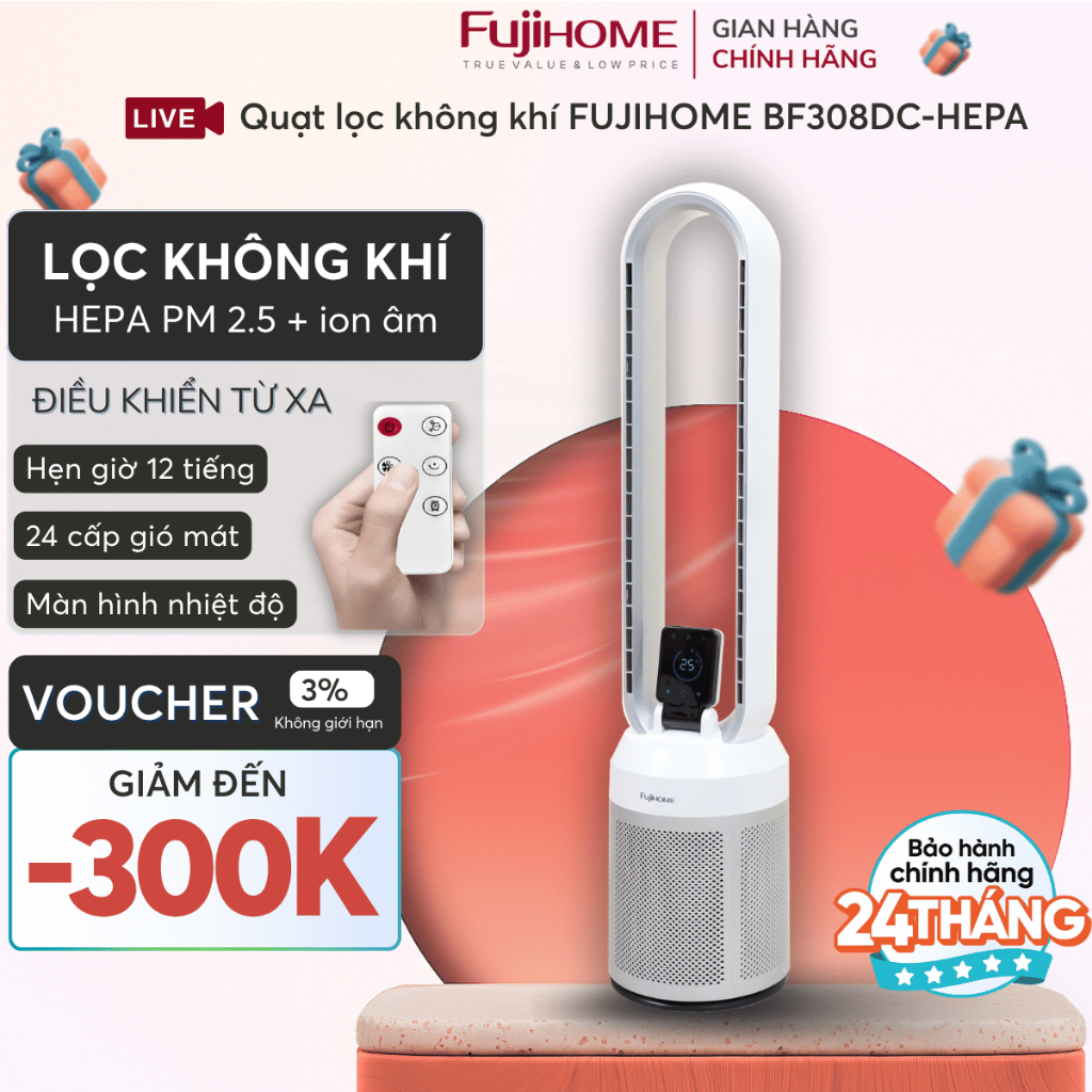 Quạt không cánh ion âm lọc không khí HEPA thông minh Nhập Khẩu FUJIHOME BF308DC-HEPA 24 cấp gió