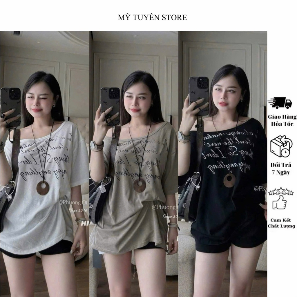 MTS01- Áo Thun Giấy Trễ Vai In Chữ Cá Tính From Rộng , Freesize Dưới 55kg- MST