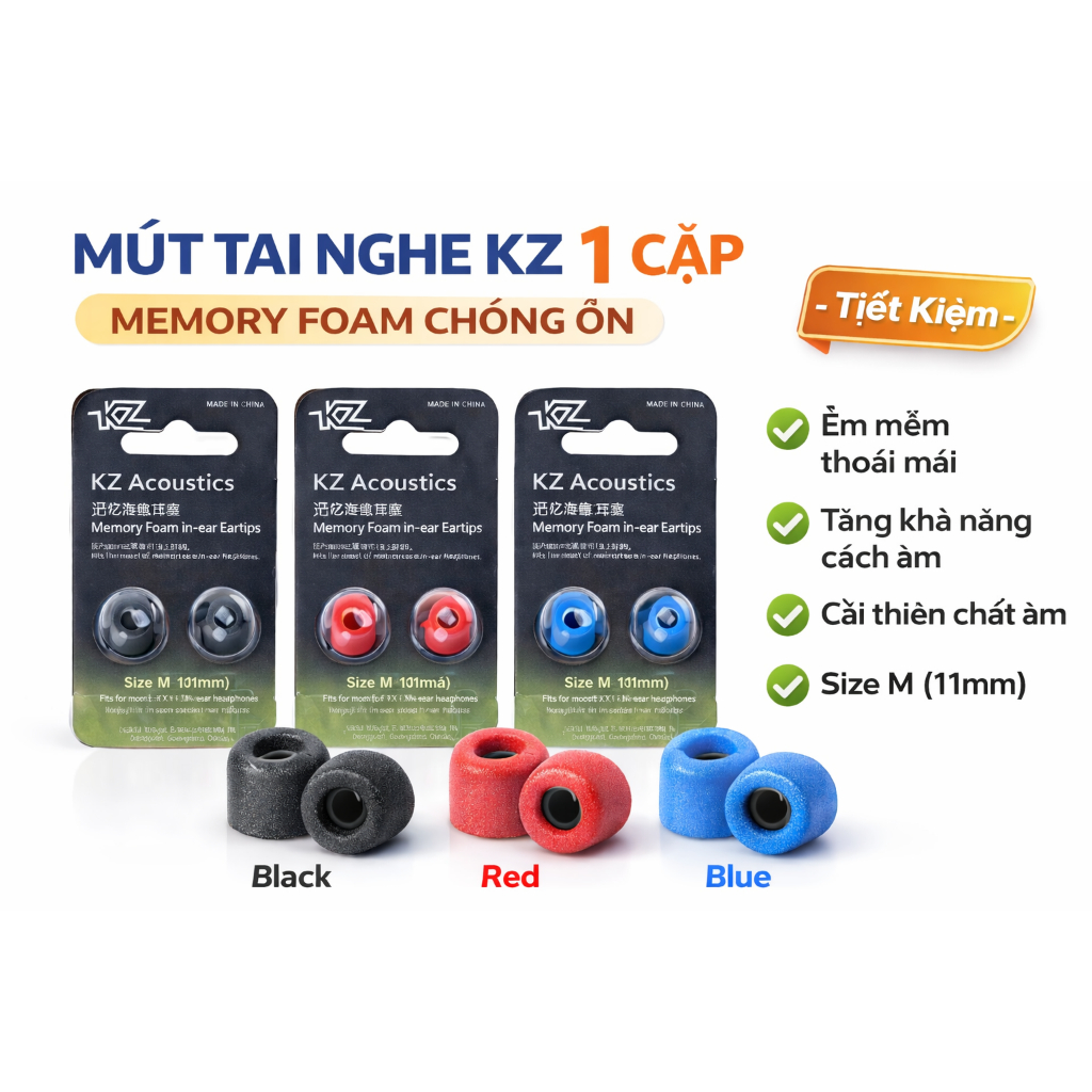 Mút Tai Nghe KZ Memory Foam – Đệm Tai Nghe Chống Ồn, Êm Tai, Tăng Bass - Size M(11mm)